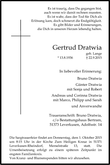 Anzeige von Gertrud Dratwia von Kölner Stadt-Anzeiger / Kölnische Rundschau / Express