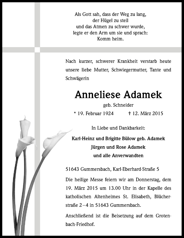  Traueranzeige für Anneliese Adamek vom 16.03.2015 aus Kölner Stadt-Anzeiger / Kölnische Rundschau / Express