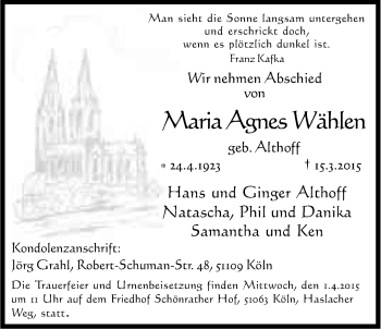 Anzeige von Maria Agnes Wählen von Kölner Stadt-Anzeiger / Kölnische Rundschau / Express