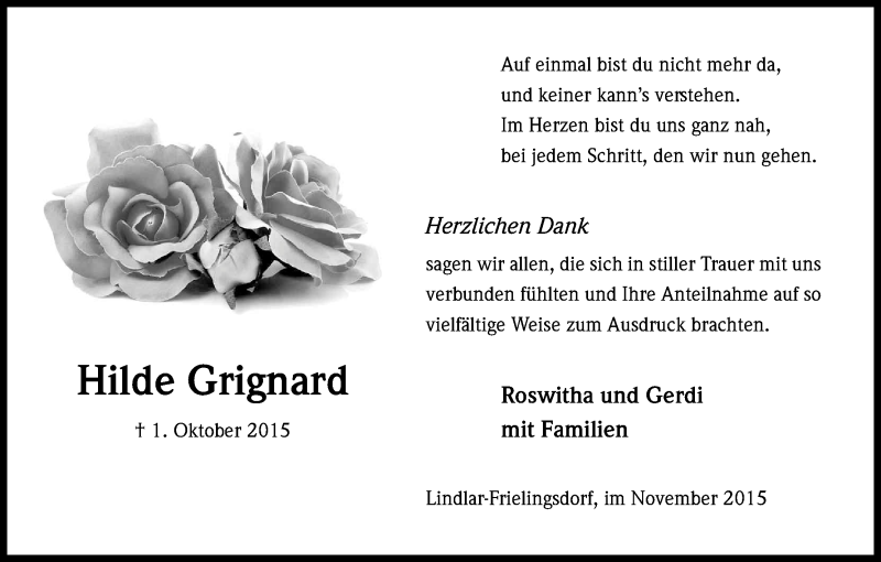  Traueranzeige für Hilde Grignard vom 16.11.2015 aus Köln - Wir Trauern