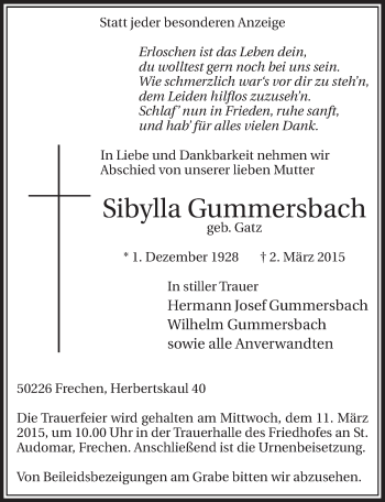 Anzeige von Sibylla Gummersbach von  Sonntags-Post 