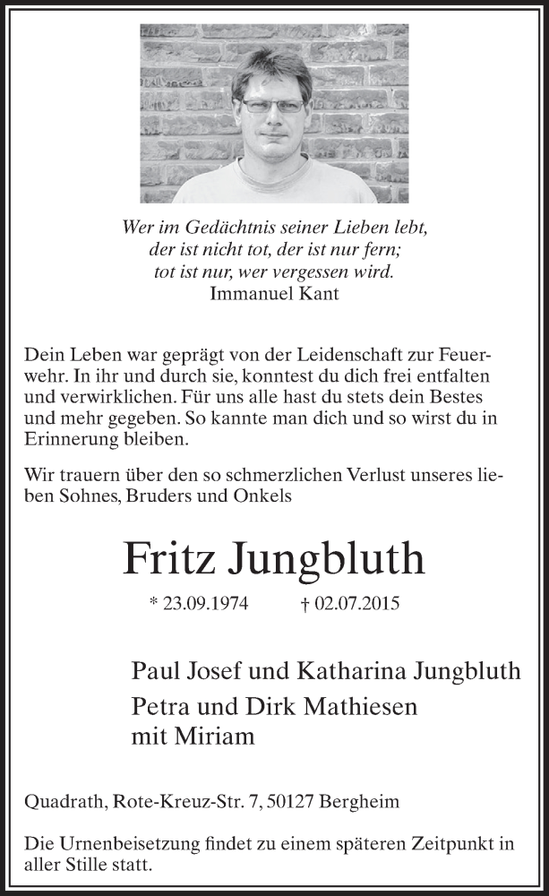  Traueranzeige für Fritz Jungbluth vom 11.07.2015 aus  Sonntags-Post 