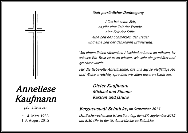  Traueranzeige für Anneliese Kaufmann vom 23.09.2015 aus Kölner Stadt-Anzeiger / Kölnische Rundschau / Express