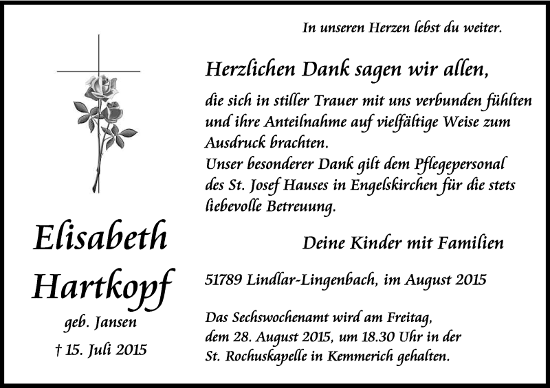  Traueranzeige für Elisabeth Hartkopf vom 22.08.2015 aus Kölner Stadt-Anzeiger / Kölnische Rundschau / Express