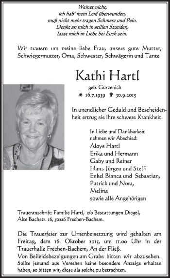 Anzeige von Kathi Hartl von  Sonntags-Post 