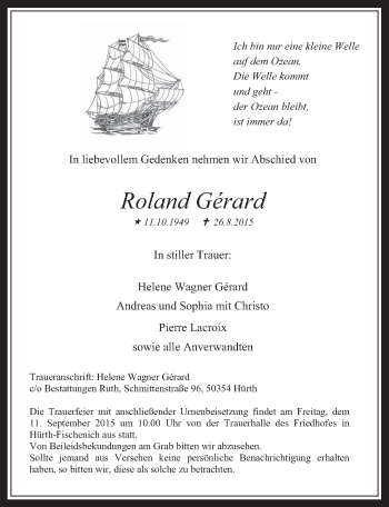 Anzeige von Roland Gérard von  Wochenende 
