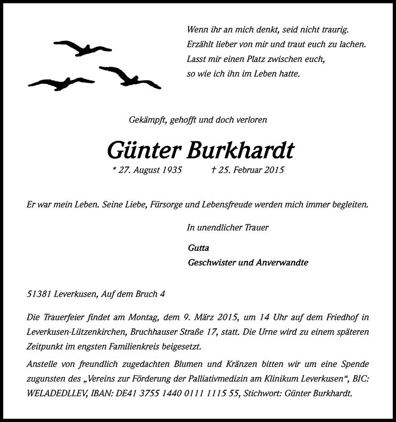  Traueranzeige für Günter Burkhardt vom 04.03.2015 aus Kölner Stadt-Anzeiger / Kölnische Rundschau / Express