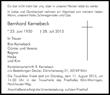 Anzeige von Bernhard Kernebeck von Kölner Stadt-Anzeiger / Kölnische Rundschau / Express