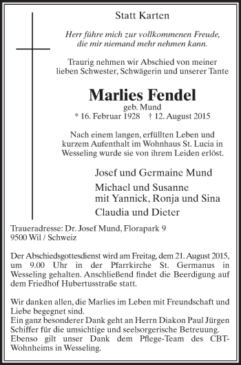 Anzeige von Marlies Fendel von  Schlossbote/Werbekurier 