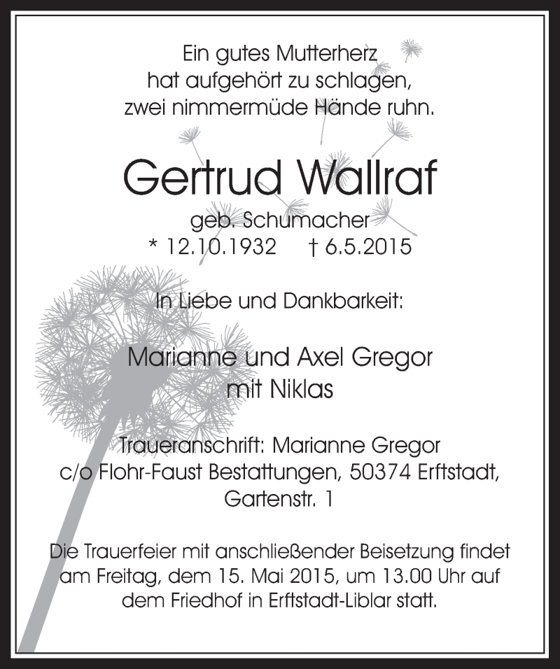  Traueranzeige für Gerfru Wallraf vom 13.05.2015 aus  Werbepost 
