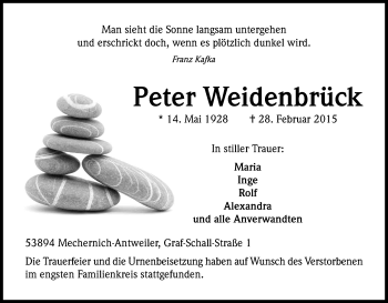 Anzeige von Peter Weidenbrück von Kölner Stadt-Anzeiger / Kölnische Rundschau / Express