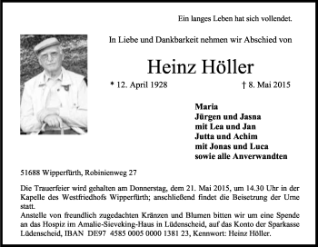 Anzeige von Heinz Höller von Kölner Stadt-Anzeiger / Kölnische Rundschau / Express