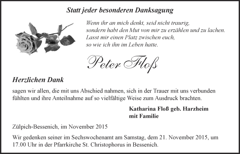  Traueranzeige für Peter Floß vom 15.11.2015 aus  Blickpunkt Euskirchen 