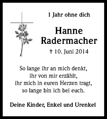 Anzeige von Hanne Rademacher von Kölner Stadt-Anzeiger / Kölnische Rundschau / Express