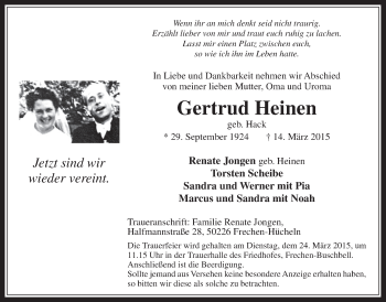 Anzeige von Gertrud Heinen von  Wochenende 