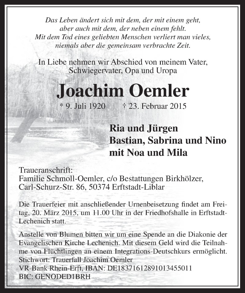  Traueranzeige für Joachim Oemler vom 18.03.2015 aus  Werbepost 
