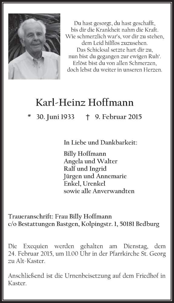 Traueranzeige für Karl-Heinz Hoffmann vom 18.02.2015 aus  Werbepost 