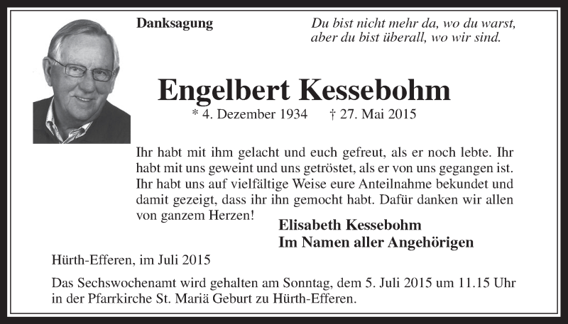  Traueranzeige für Engelbert Kessebohm vom 01.07.2015 aus  Wochenende 