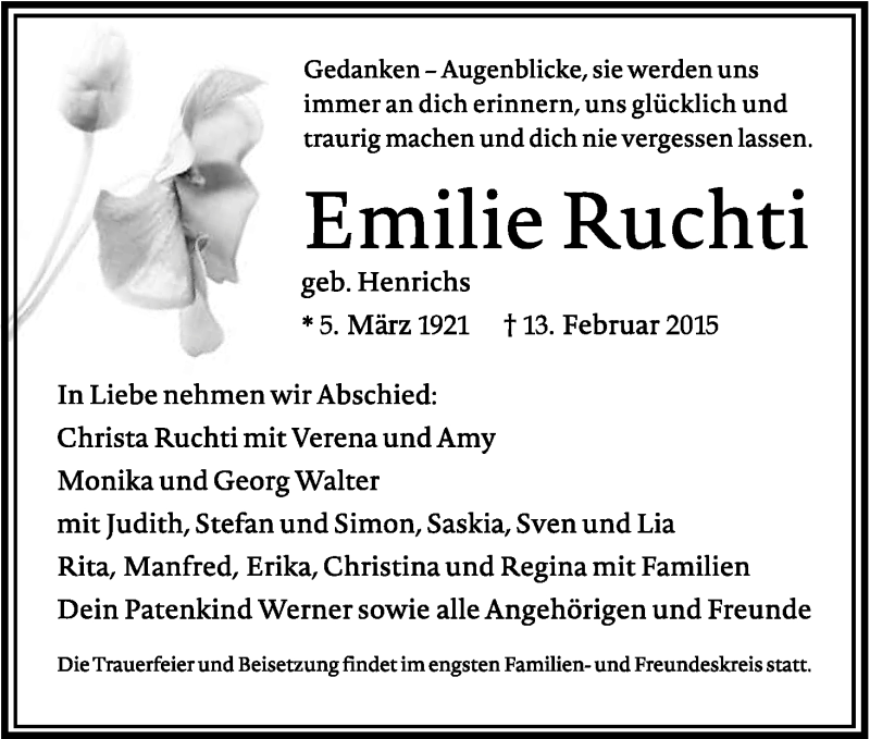  Traueranzeige für Emilie Ruchti vom 21.02.2015 aus Kölner Stadt-Anzeiger / Kölnische Rundschau / Express