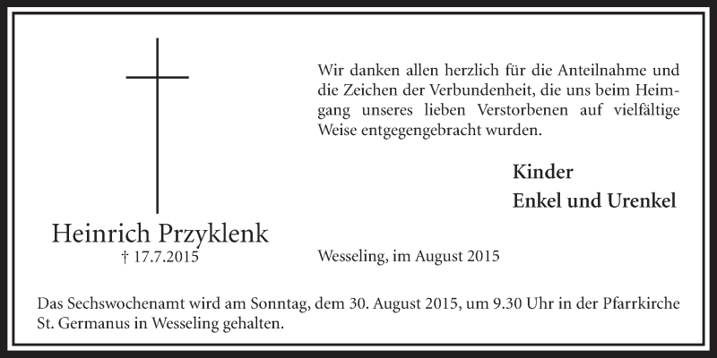  Traueranzeige für Heinrich Przyklenk vom 26.08.2015 aus  Schlossbote/Werbekurier 