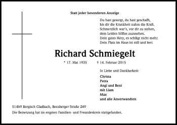 Anzeige von Richard Schmiegelt von Kölner Stadt-Anzeiger / Kölnische Rundschau / Express