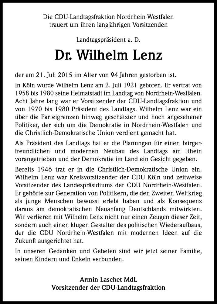  Traueranzeige für Wilhelm  Lenz vom 28.07.2015 aus Kölner Stadt-Anzeiger / Kölnische Rundschau / Express