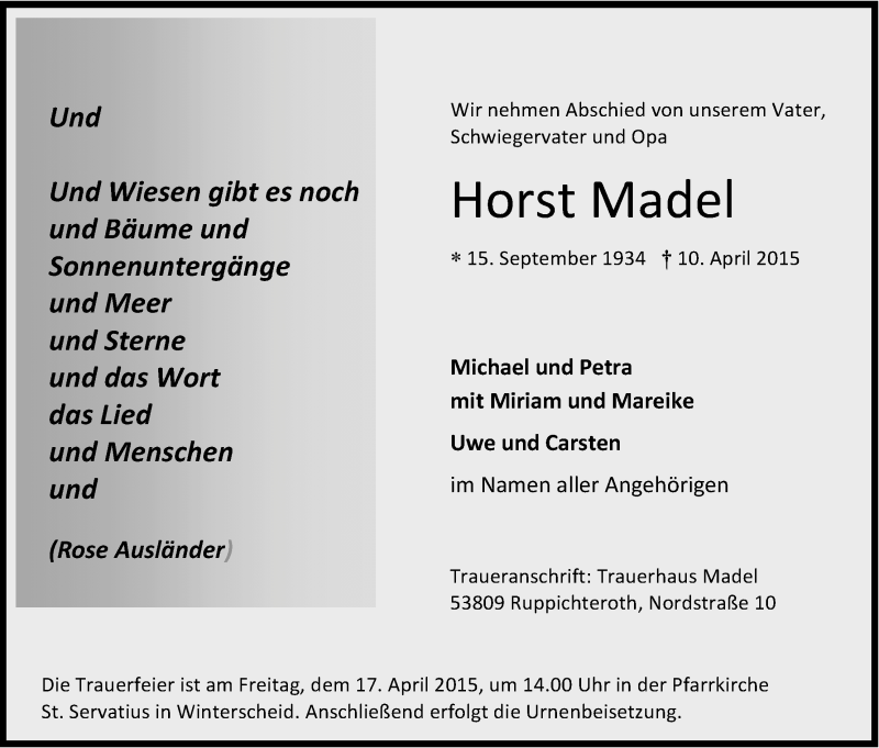  Traueranzeige für Horst Madel vom 14.04.2015 aus Kölner Stadt-Anzeiger / Kölnische Rundschau / Express