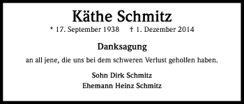 Anzeige von Käthe Schmitz von Kölner Stadt-Anzeiger / Kölnische Rundschau / Express
