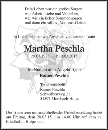 Anzeige von Martha Peschla von  Lokalanzeiger 