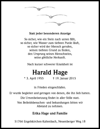 Anzeige von Harald Hage von Kölner Stadt-Anzeiger / Kölnische Rundschau / Express
