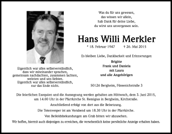 Anzeige von Hans Willi Merkler von Kölner Stadt-Anzeiger / Kölnische Rundschau / Express