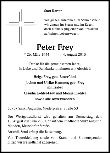 Anzeige von Peter Frey von Kölner Stadt-Anzeiger / Kölnische Rundschau / Express