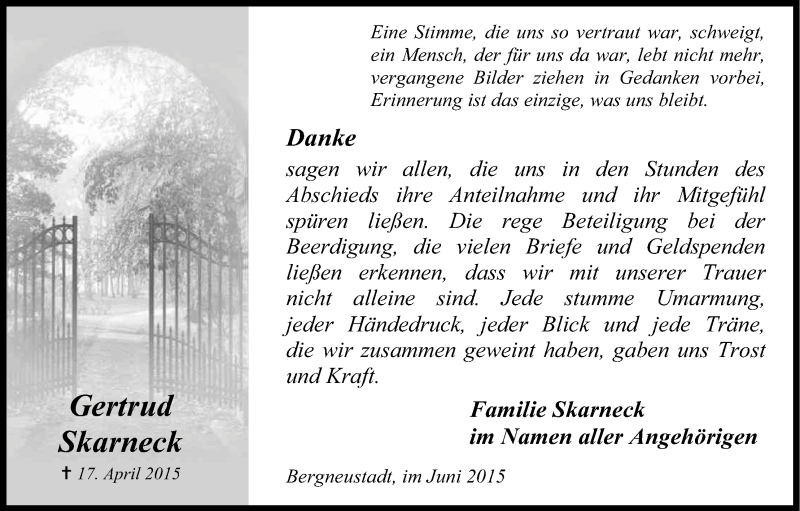  Traueranzeige für Gertrud Skarneck vom 03.06.2015 aus Kölner Stadt-Anzeiger / Kölnische Rundschau / Express