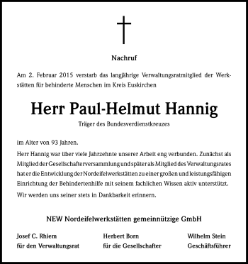 Anzeige von Paul-Helmut Hannig von Kölner Stadt-Anzeiger / Kölnische Rundschau / Express