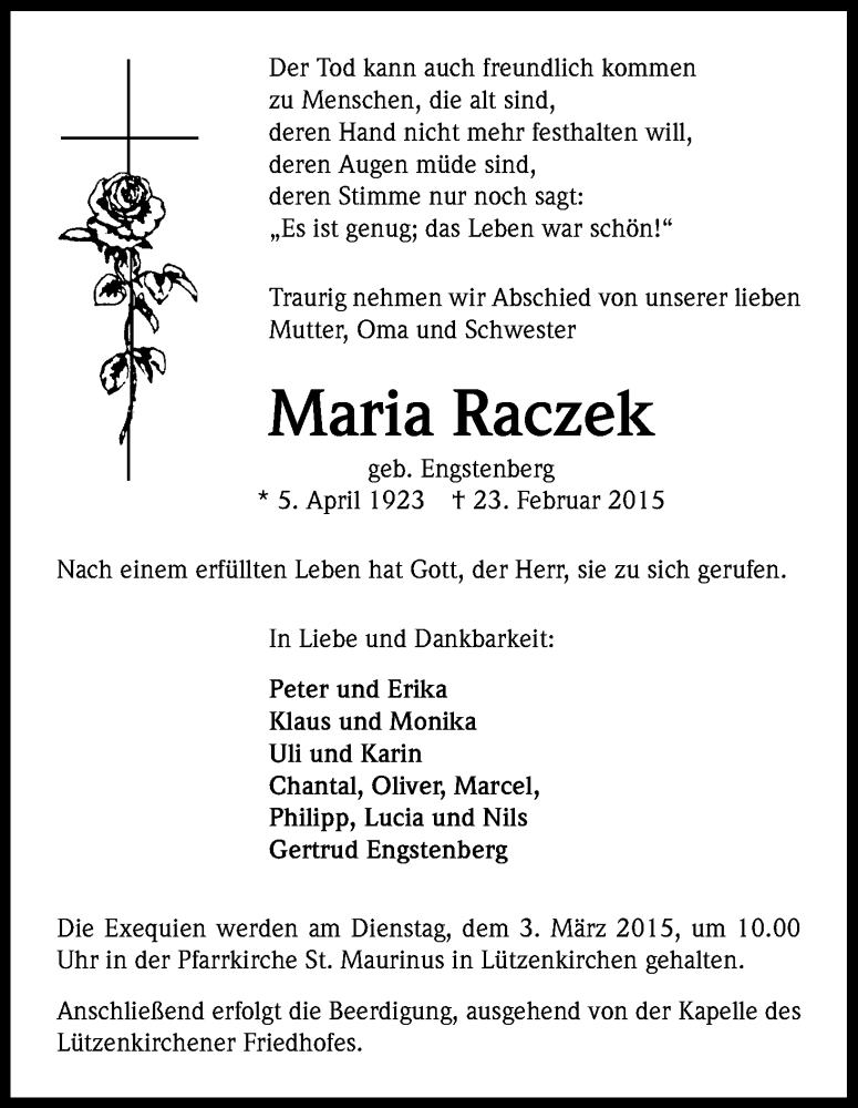  Traueranzeige für Maria Raczek vom 28.02.2015 aus Kölner Stadt-Anzeiger / Kölnische Rundschau / Express