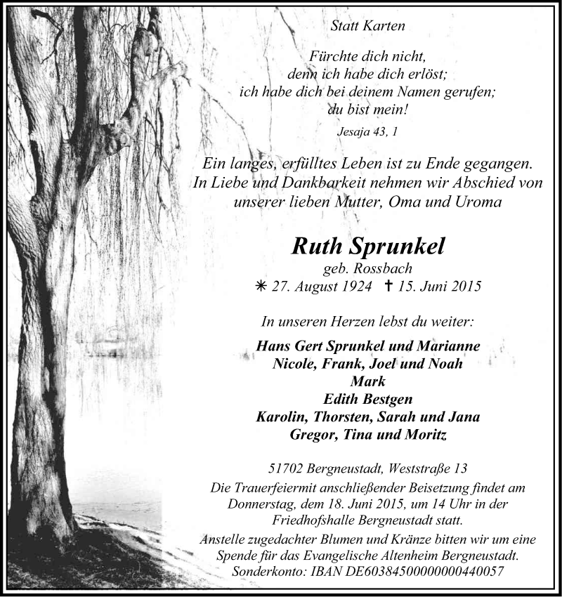  Traueranzeige für Ruth Sprunkel vom 16.06.2015 aus Kölner Stadt-Anzeiger / Kölnische Rundschau / Express