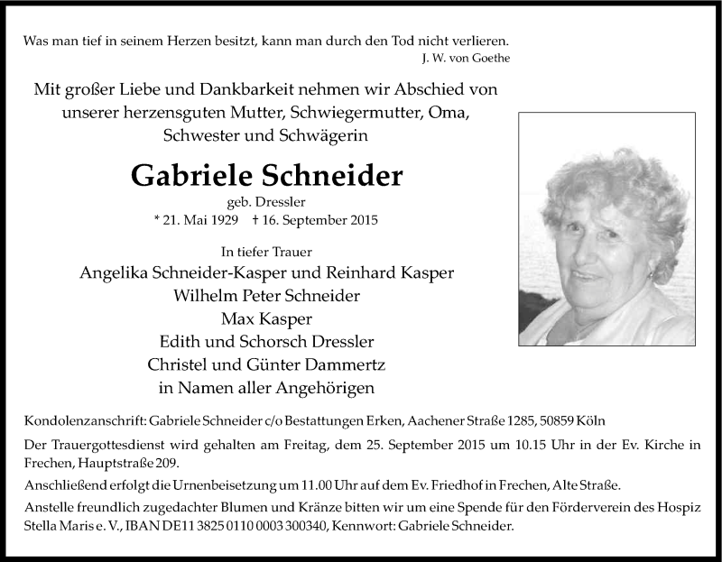  Traueranzeige für Gabriele Schneider vom 23.09.2015 aus Kölner Stadt-Anzeiger / Kölnische Rundschau / Express
