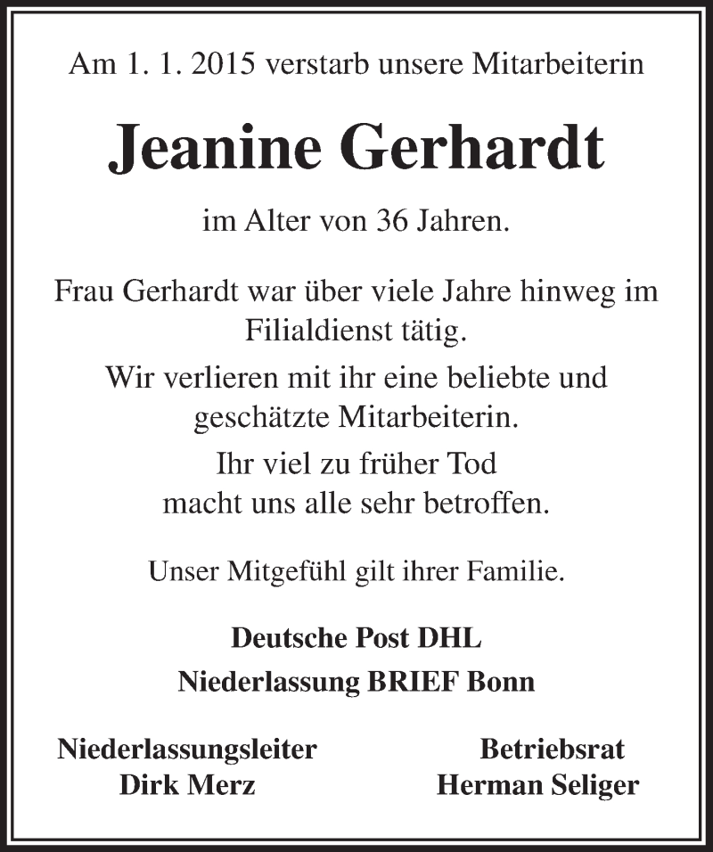  Traueranzeige für Jeanine Gerhardt vom 21.01.2015 aus  Extra Blatt 