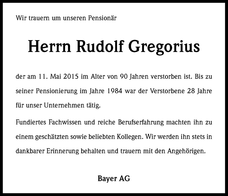  Traueranzeige für Rudolf Gregorius vom 20.05.2015 aus Kölner Stadt-Anzeiger / Kölnische Rundschau / Express