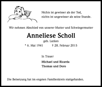 Anzeige von Anneliese Scholl von Kölner Stadt-Anzeiger / Kölnische Rundschau / Express