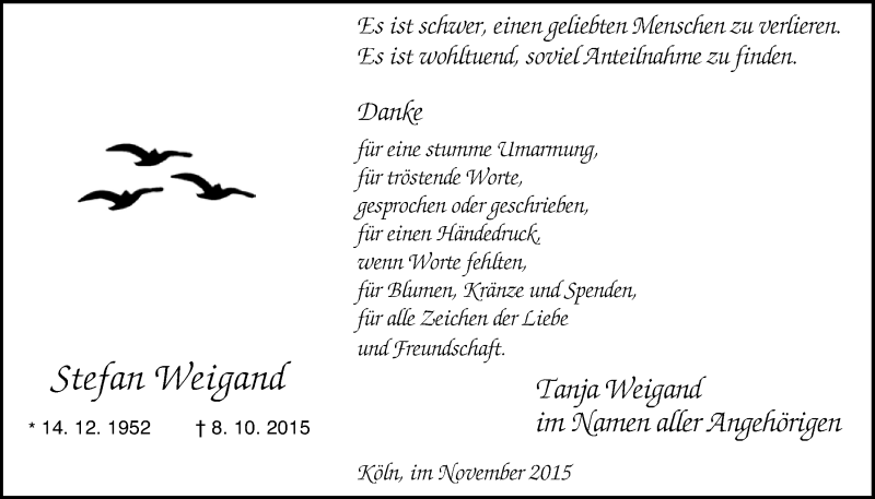  Traueranzeige für Stefan Weigand vom 25.11.2015 aus  Kölner Wochenspiegel 