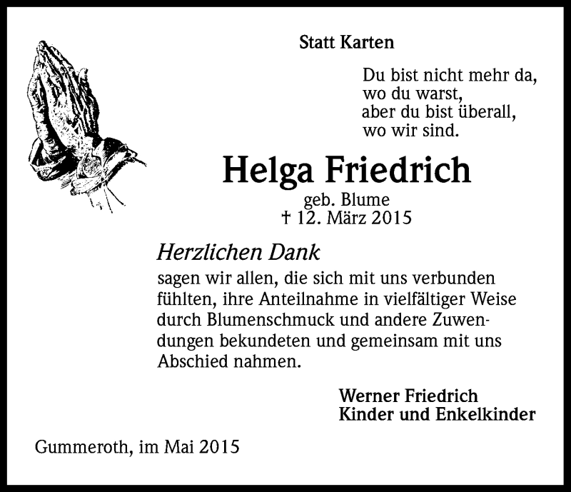  Traueranzeige für Helga Friedrich vom 23.05.2015 aus Kölner Stadt-Anzeiger / Kölnische Rundschau / Express