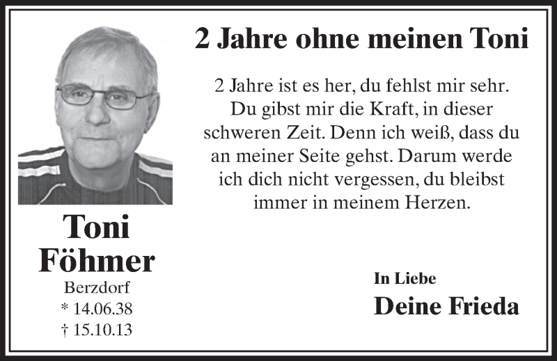  Traueranzeige für Toni Föhmer vom 14.10.2015 aus  Schlossbote/Werbekurier 