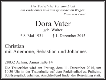 Anzeige von Dora Vater von  Sonntags-Post 