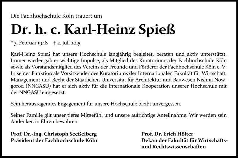  Traueranzeige für Karl-Heinz Spieß vom 17.07.2015 aus Kölner Stadt-Anzeiger / Kölnische Rundschau / Express