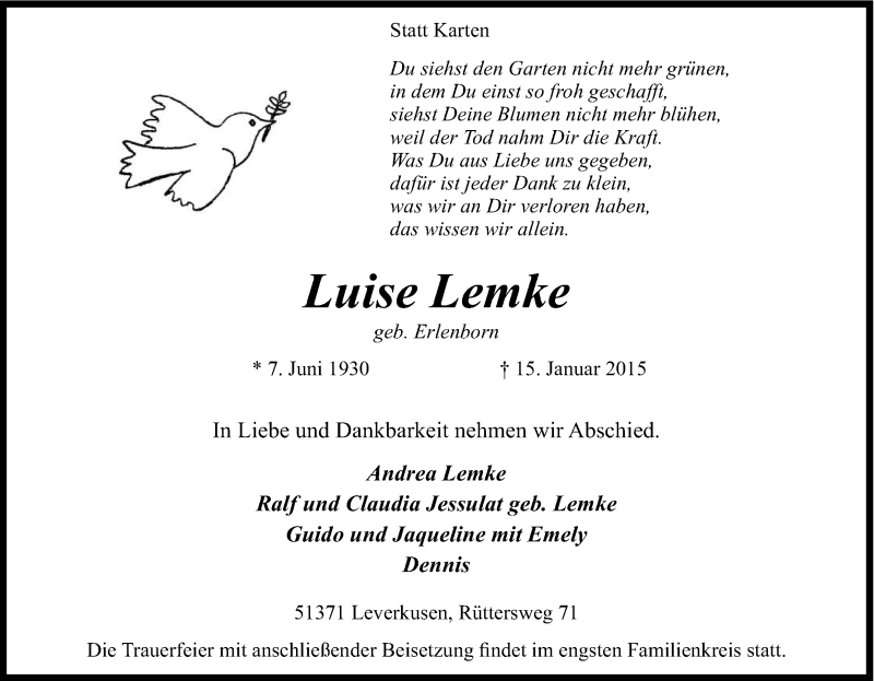  Traueranzeige für Luise Lemke vom 19.01.2015 aus Kölner Stadt-Anzeiger / Kölnische Rundschau / Express