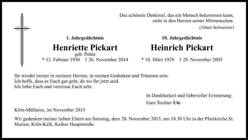  Traueranzeige für Henriette und Heinrich Pickart vom 21.11.2015 aus Kölner Stadt-Anzeiger / Kölnische Rundschau / Express