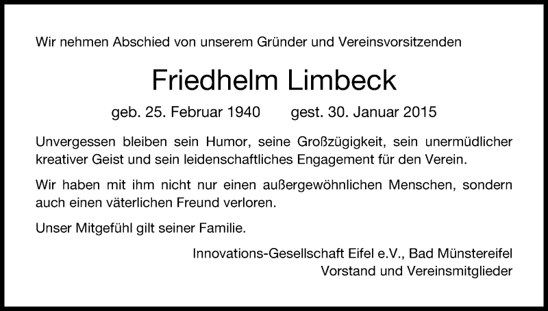  Traueranzeige für Friedhelm Limbeck vom 07.02.2015 aus Kölner Stadt-Anzeiger / Kölnische Rundschau / Express