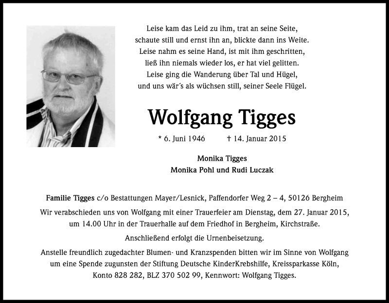  Traueranzeige für Wolfgang Tigges vom 24.01.2015 aus Kölner Stadt-Anzeiger / Kölnische Rundschau / Express
