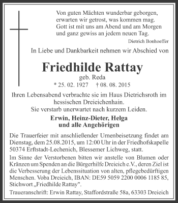 Anzeige von Friedhilde Rattay von  Werbepost 